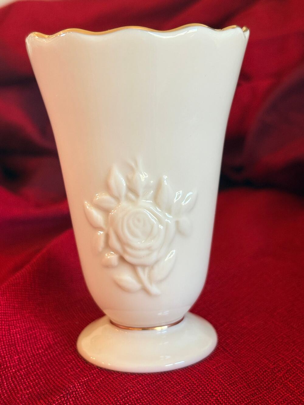 Lenox Ivory Porcelain Bud Vase Gold Trim Raised Floral Vintage Made in USA